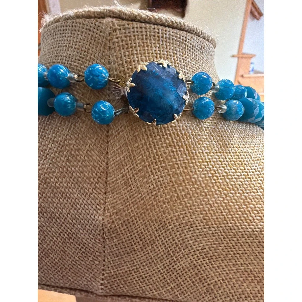 Blue Multi Tone Double Strand Beaded Necklace Vintage Style Gold Layering Boho